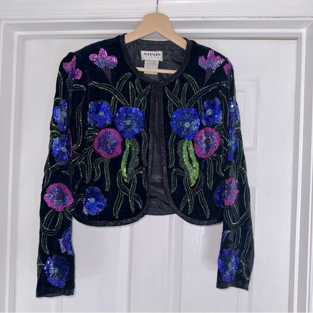 Vtg Nipon Night Sequin Velvet Jacket Blazer Black Pink S M